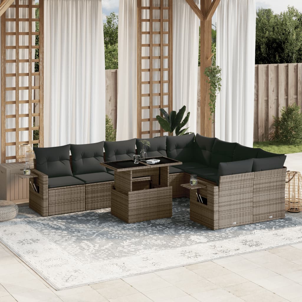 10-delige Loungeset met kussens poly rattan grijs