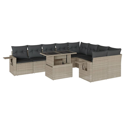 10-delige Loungeset met kussens poly rattan lichtgrijs