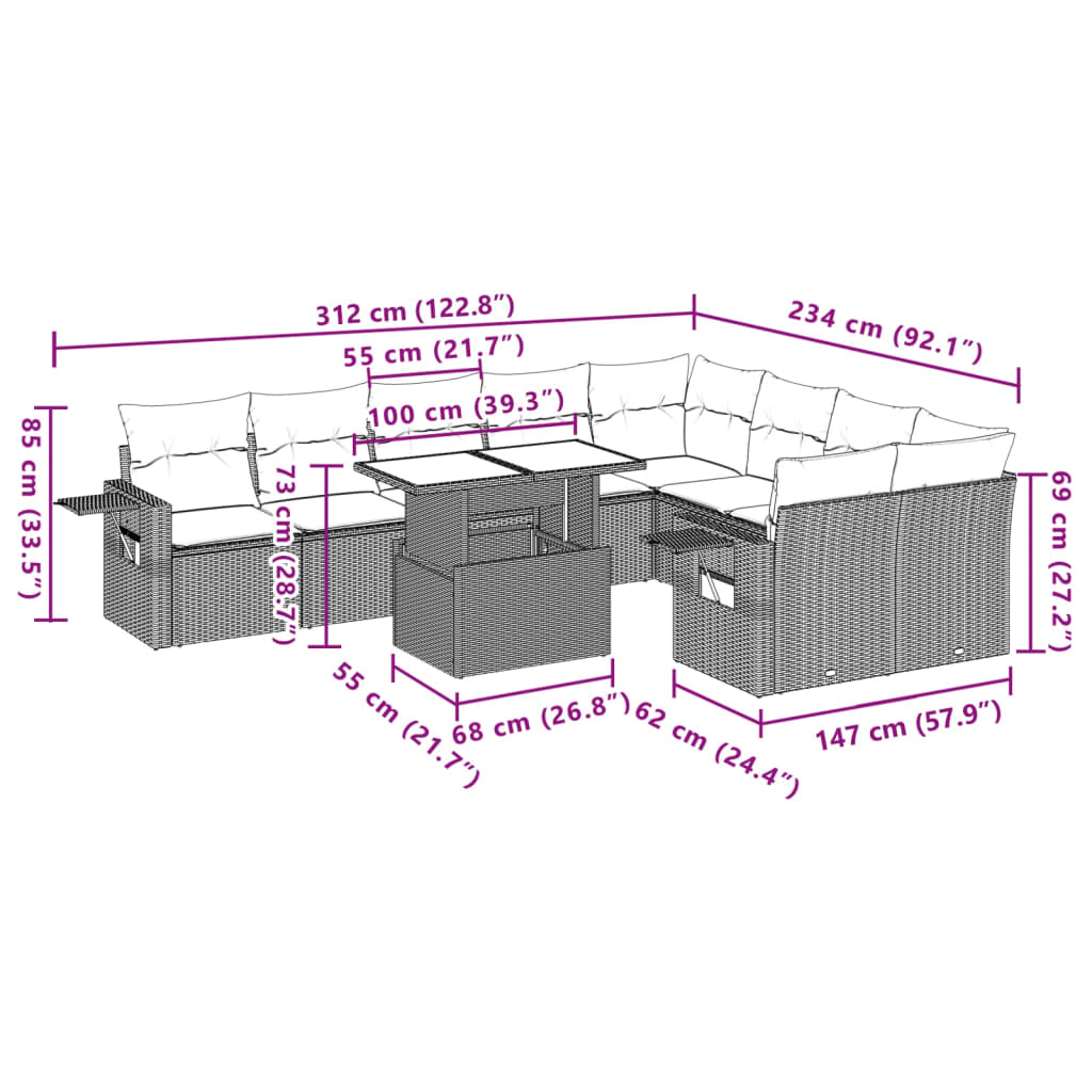 10-delige Loungeset met kussens poly rattan lichtgrijs