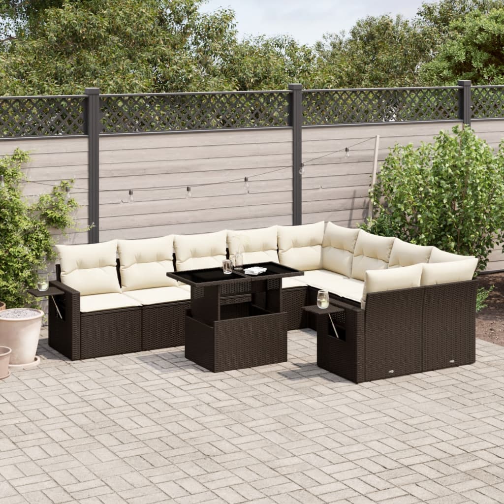 10-delige Loungeset met kussens poly rattan bruin