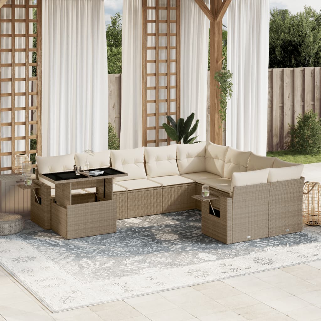 10-delige Loungeset met kussens poly rattan beige