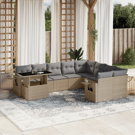 10-delige Loungeset met kussens poly rattan beige