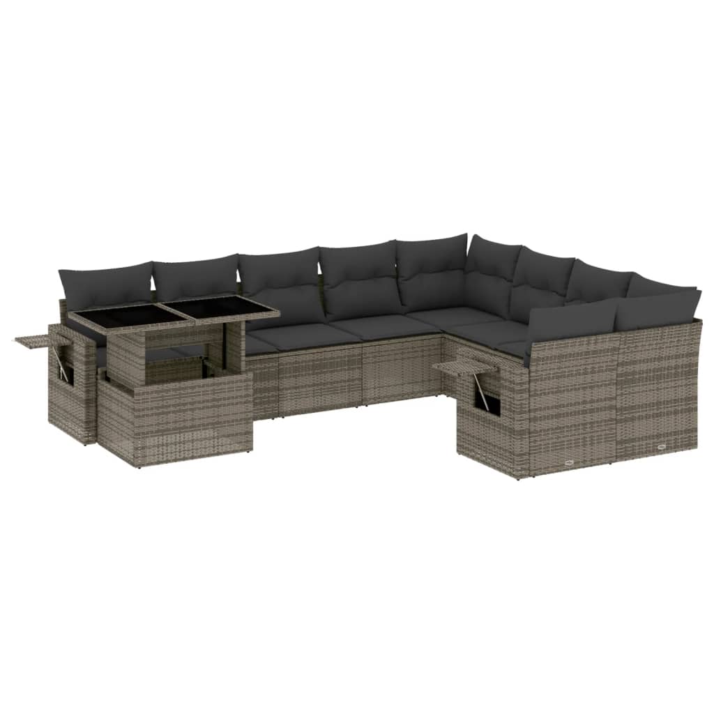 10-delige Loungeset met kussens poly rattan grijs