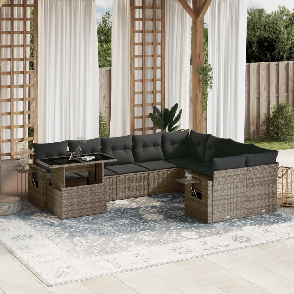 10-delige Loungeset met kussens poly rattan grijs