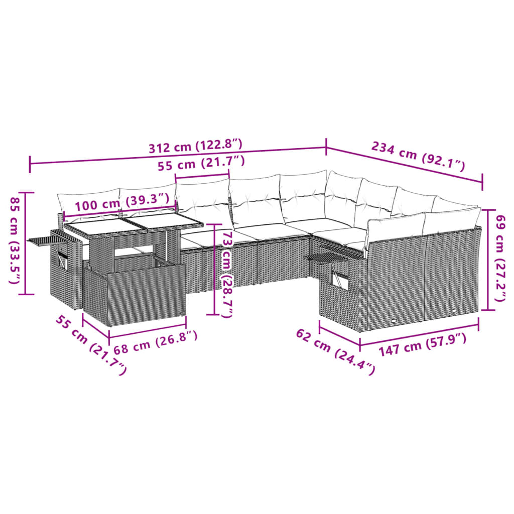 10-delige Loungeset met kussens poly rattan lichtgrijs