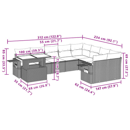 10-delige Loungeset met kussens poly rattan lichtgrijs