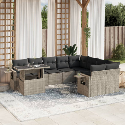 10-delige Loungeset met kussens poly rattan lichtgrijs