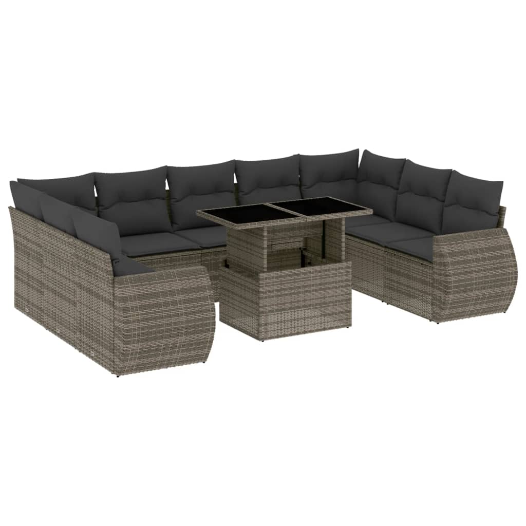 10-delige Loungeset met kussens poly rattan grijs