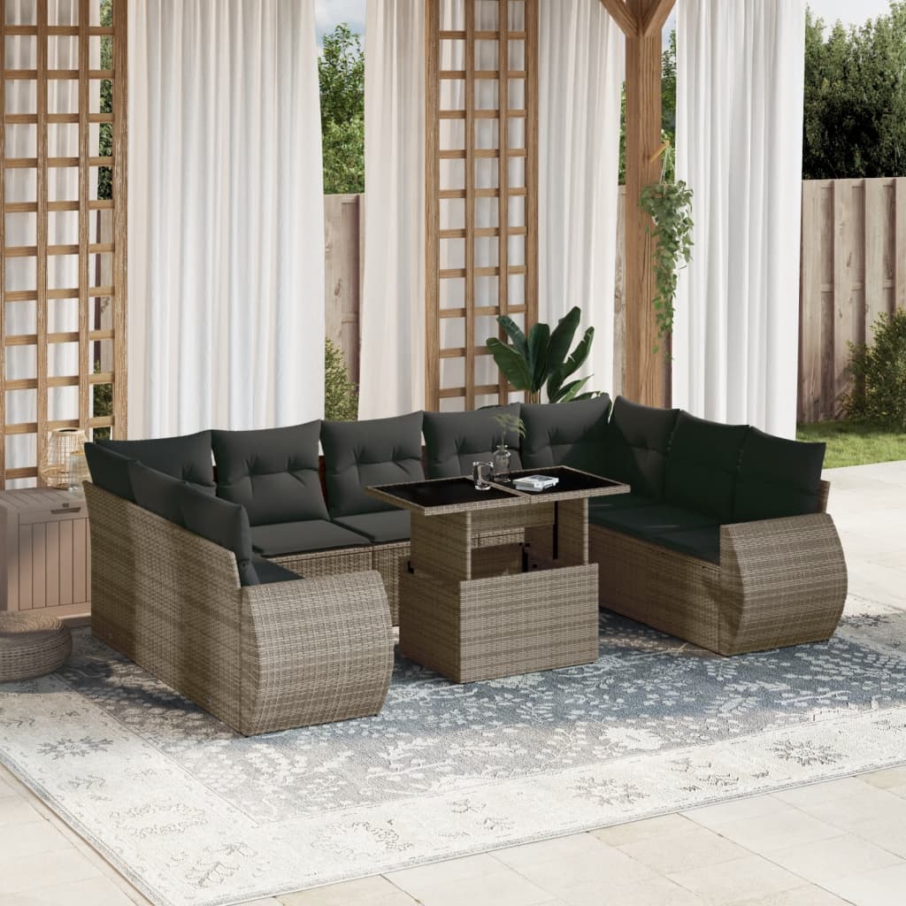 10-delige Loungeset met kussens poly rattan grijs