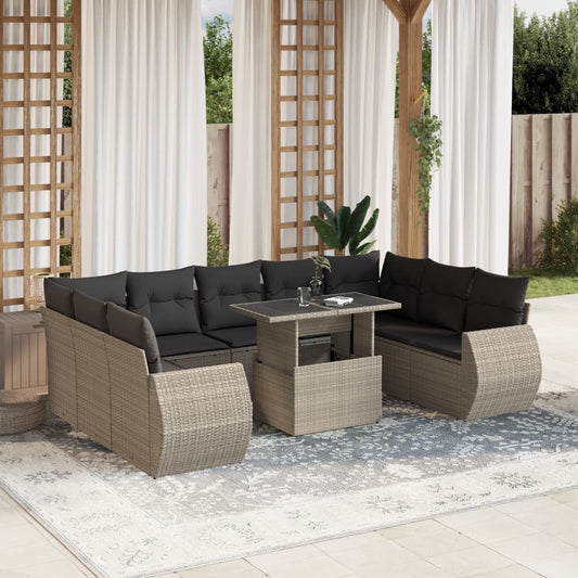 10-delige Loungeset met kussens poly rattan lichtgrijs