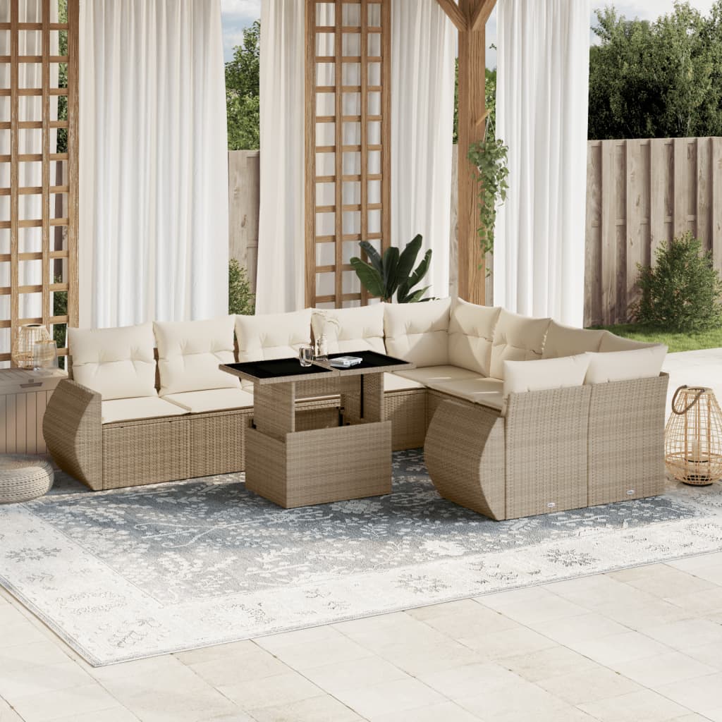 10-delige Loungeset met kussens poly rattan beige