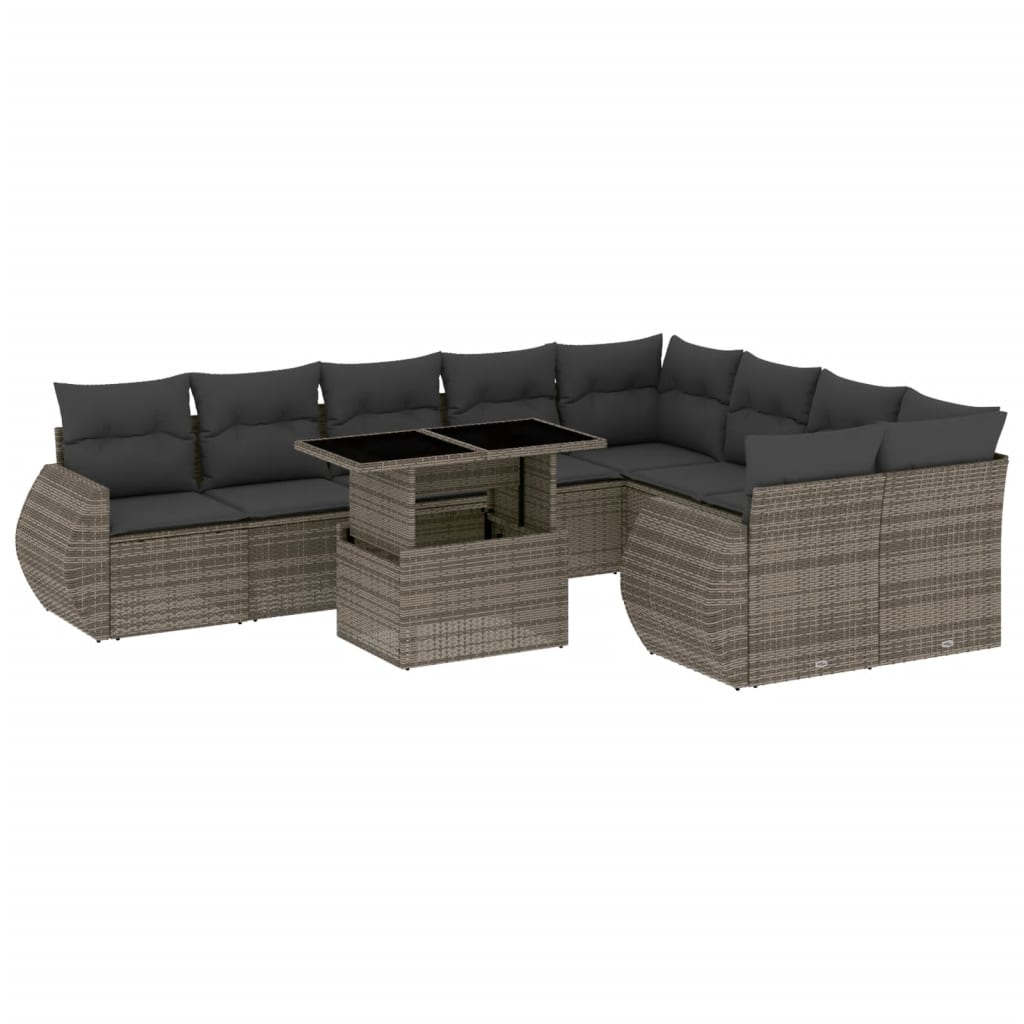 10-delige Loungeset met kussens poly rattan grijs