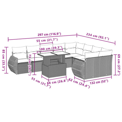 10-delige Loungeset met kussens poly rattan grijs