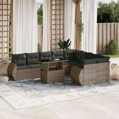 10-delige Loungeset met kussens poly rattan grijs