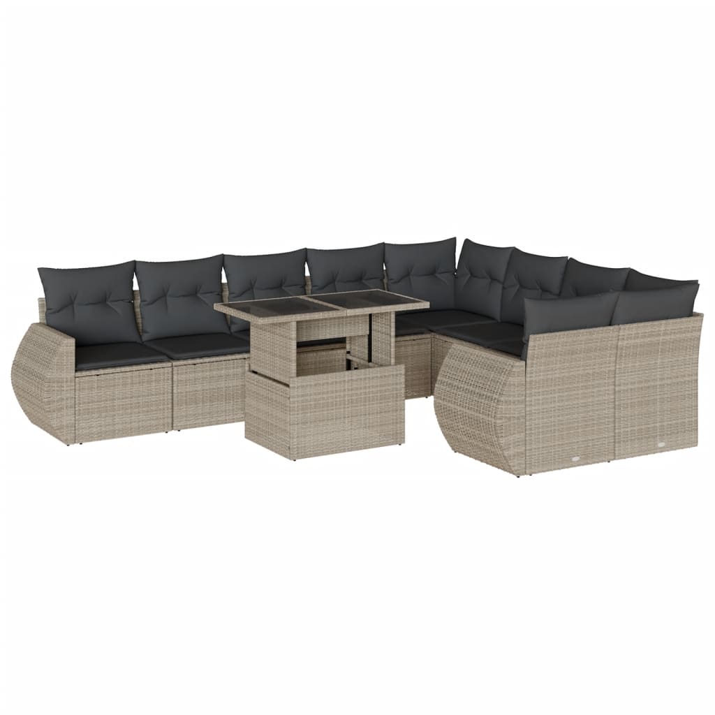 10-delige Loungeset met kussens poly rattan lichtgrijs