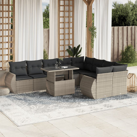 10-delige Loungeset met kussens poly rattan lichtgrijs