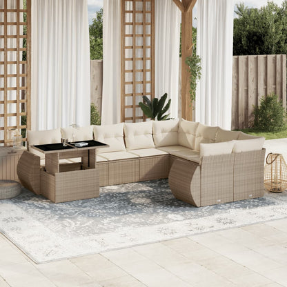 10-delige Loungeset met kussens poly rattan beige