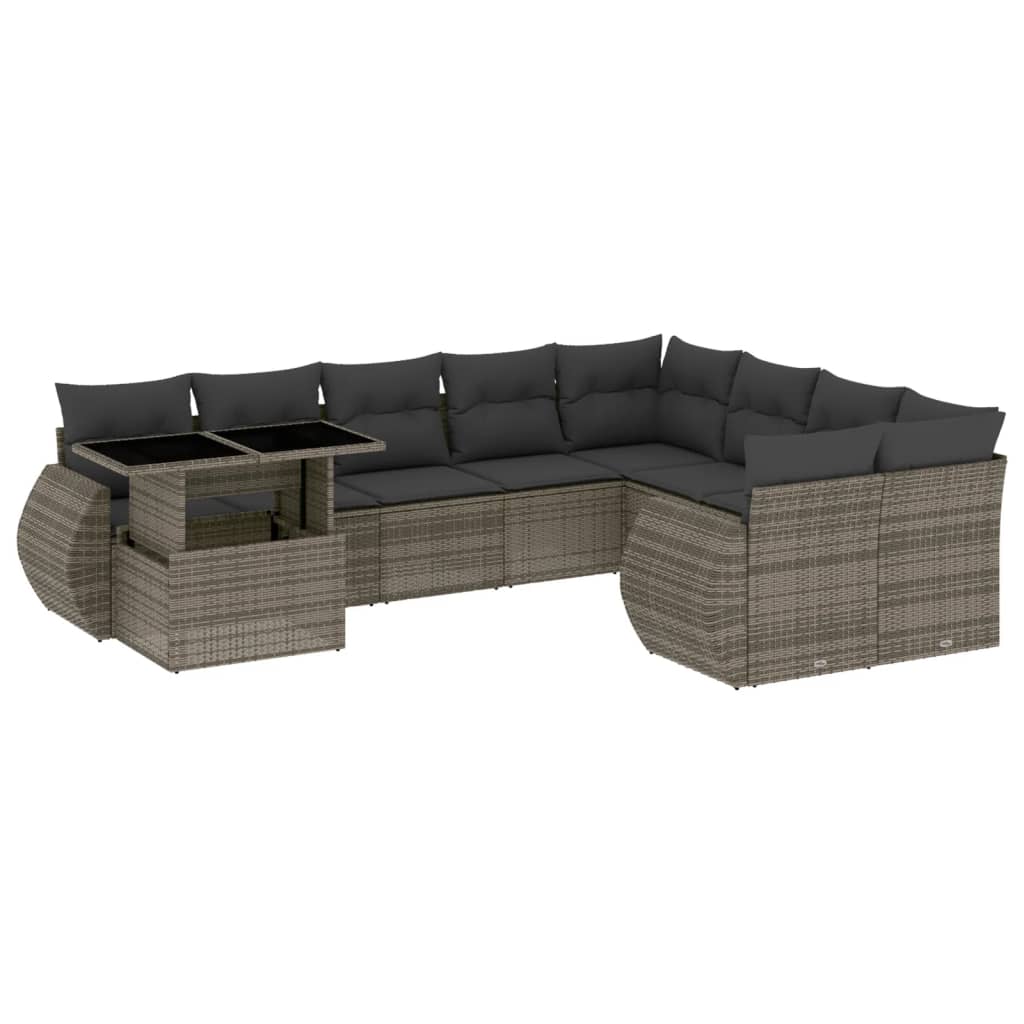 10-delige Loungeset met kussens poly rattan grijs