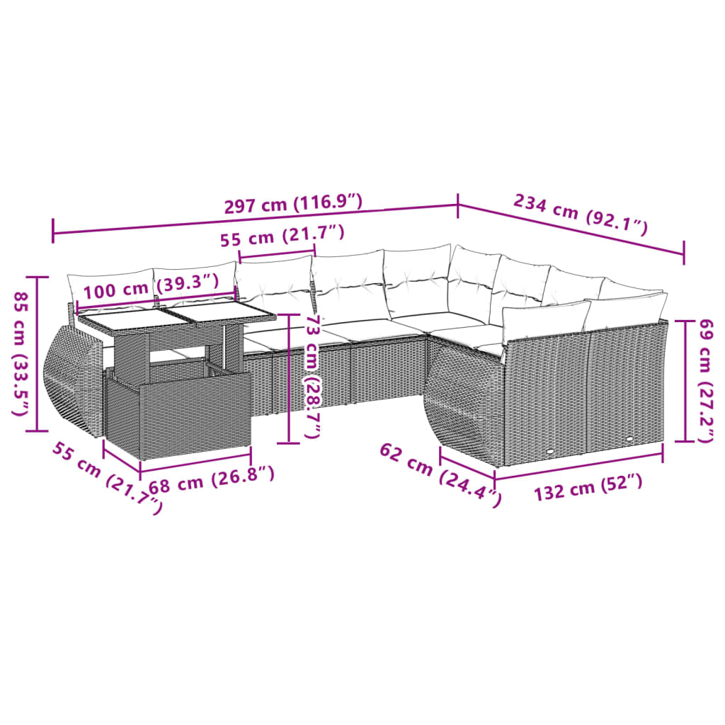 10-delige Loungeset met kussens poly rattan grijs