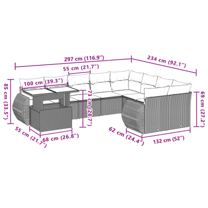 10-delige Loungeset met kussens poly rattan grijs