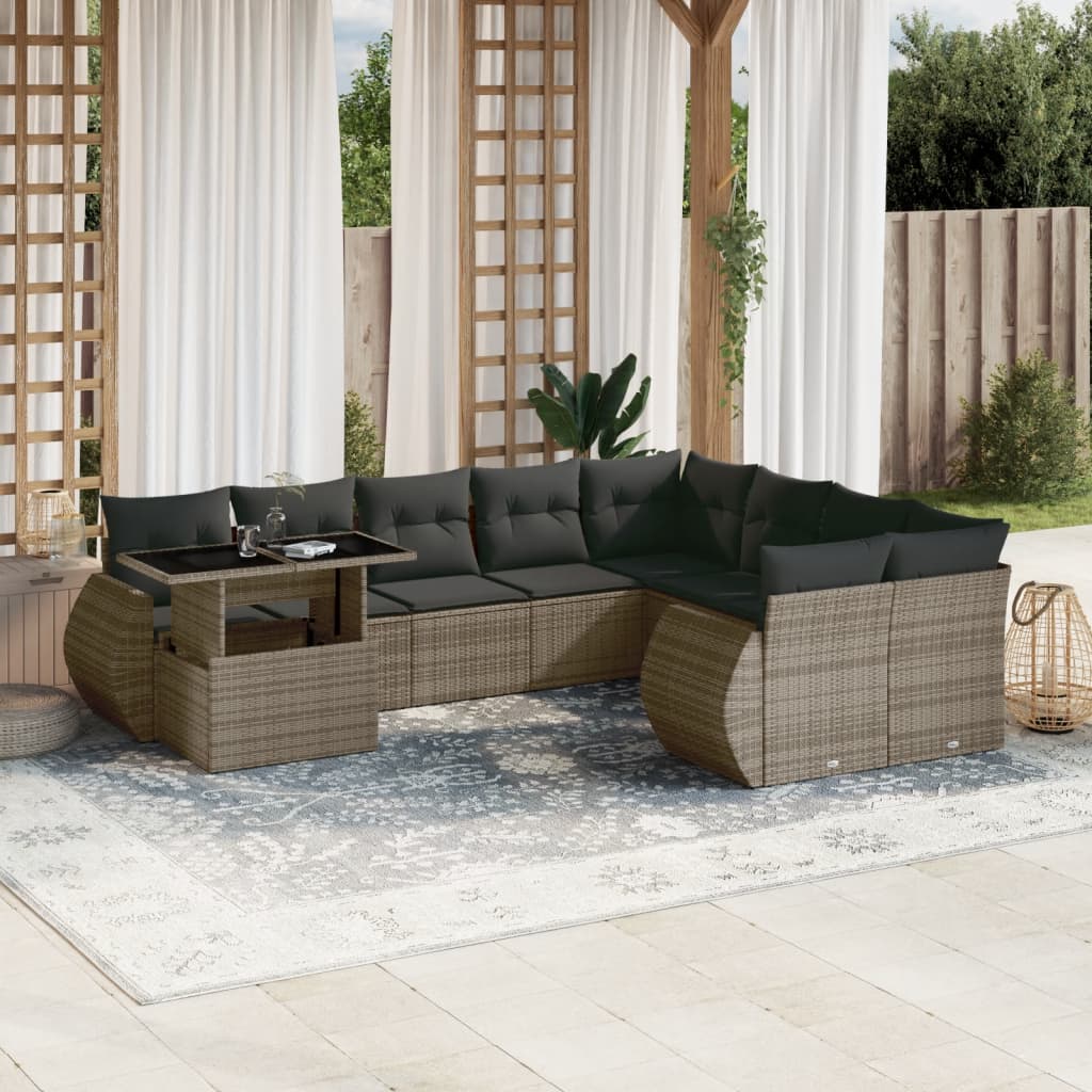 10-delige Loungeset met kussens poly rattan grijs