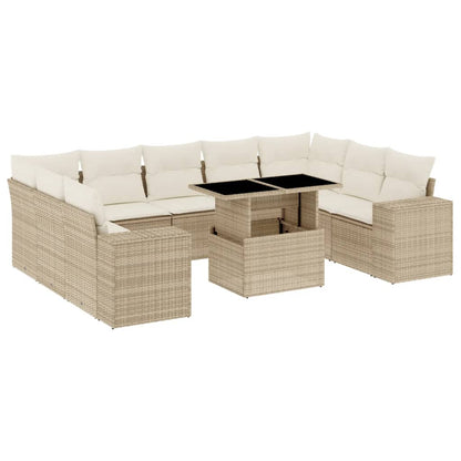 10-delige Loungeset met kussens poly rattan beige