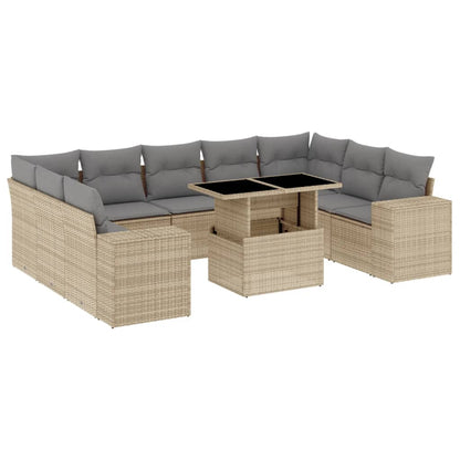 10-delige Loungeset met kussens poly rattan beige