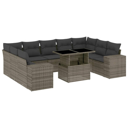 10-delige Loungeset met kussens poly rattan grijs