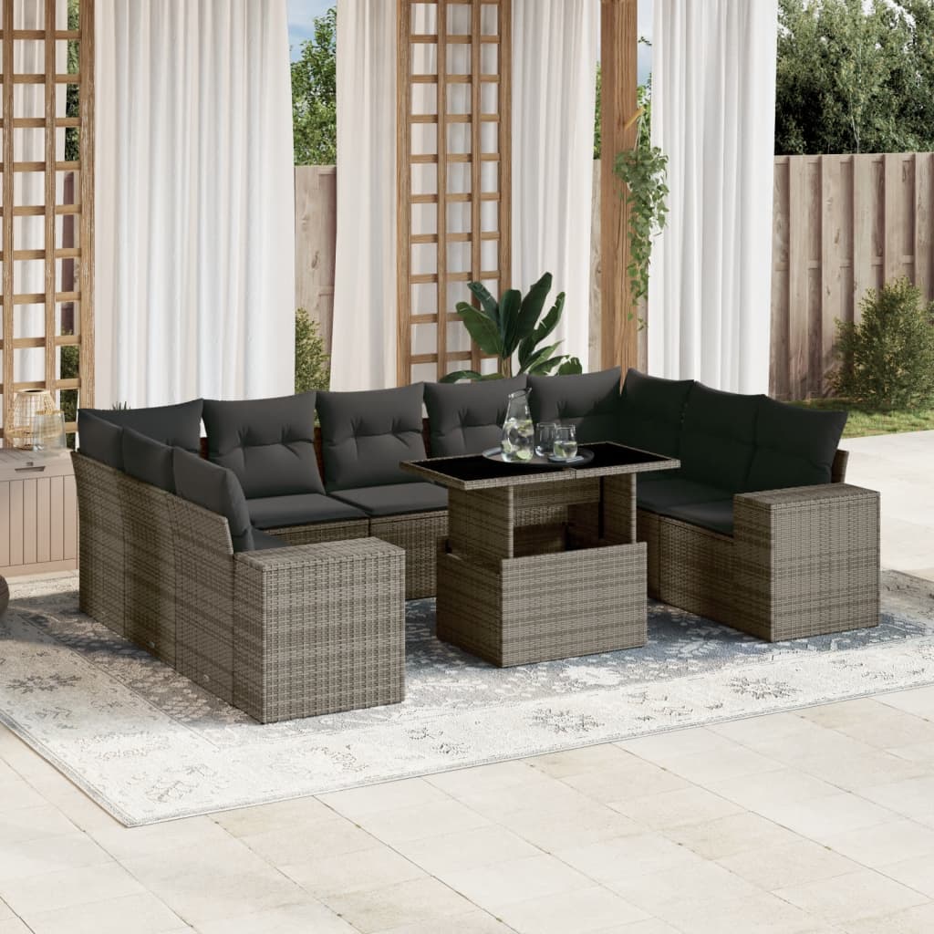 10-delige Loungeset met kussens poly rattan grijs