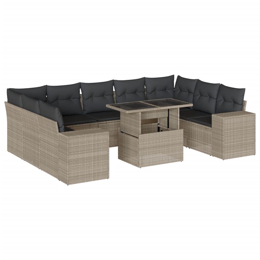 10-delige Loungeset met kussens poly rattan lichtgrijs