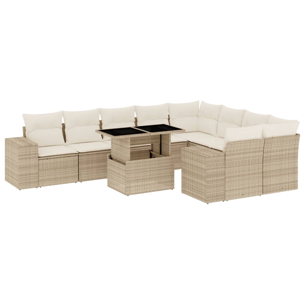 10-delige Loungeset met kussens poly rattan beige