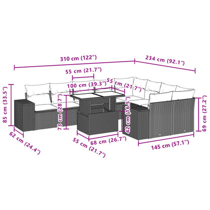 10-delige Loungeset met kussens poly rattan grijs