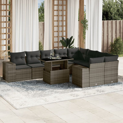 10-delige Loungeset met kussens poly rattan grijs