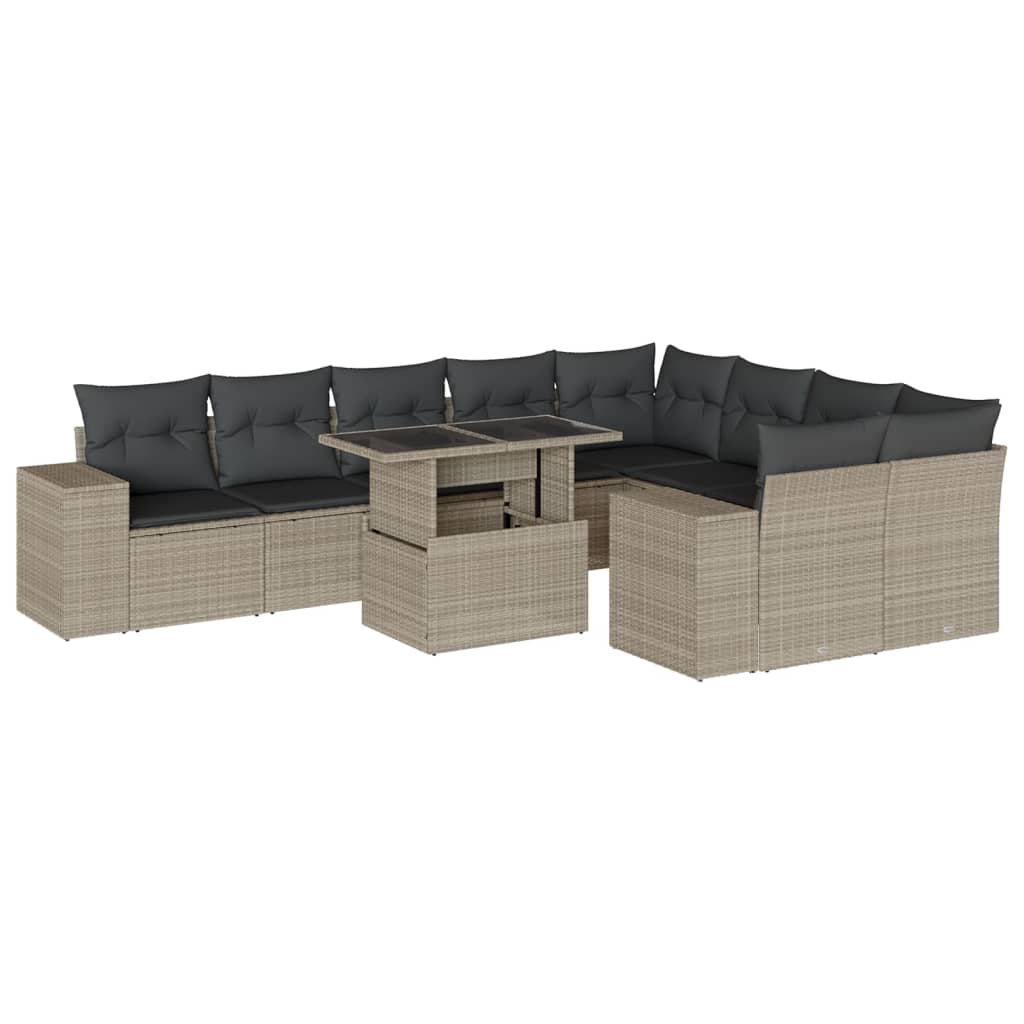 10-delige Loungeset met kussens poly rattan lichtgrijs