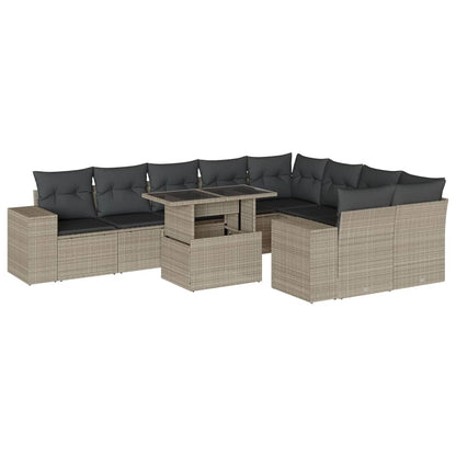 10-delige Loungeset met kussens poly rattan lichtgrijs