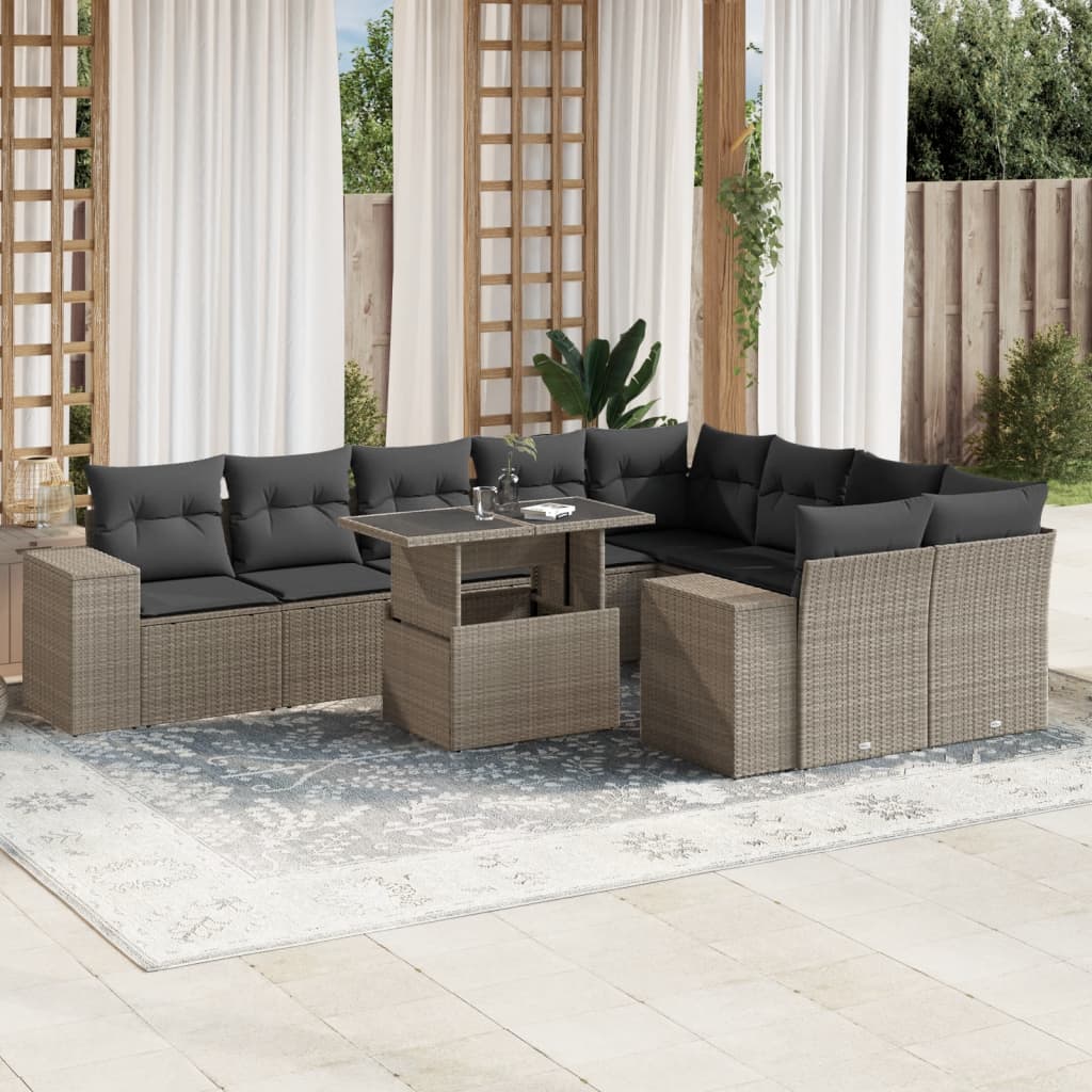 10-delige Loungeset met kussens poly rattan lichtgrijs