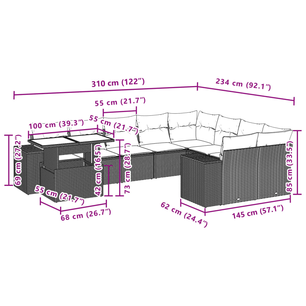 10-delige Loungeset met kussens poly rattan beige