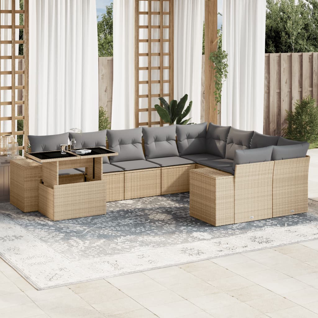 10-delige Loungeset met kussens poly rattan beige