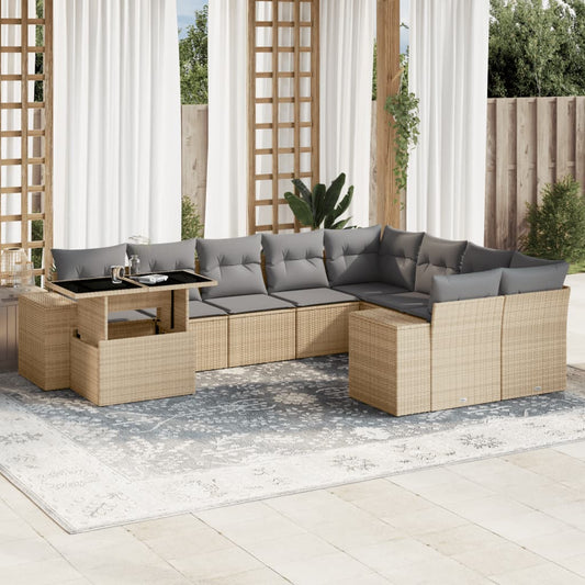 10-delige Loungeset met kussens poly rattan beige