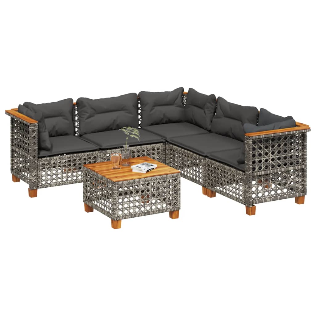 6-delige Loungeset met kussens poly rattan grijs