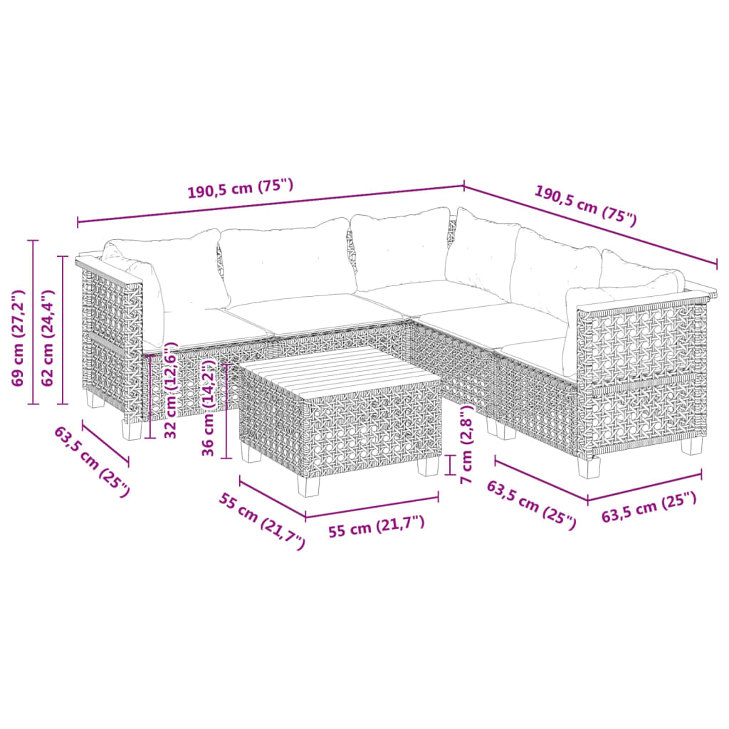 6-delige Loungeset met kussens poly rattan grijs