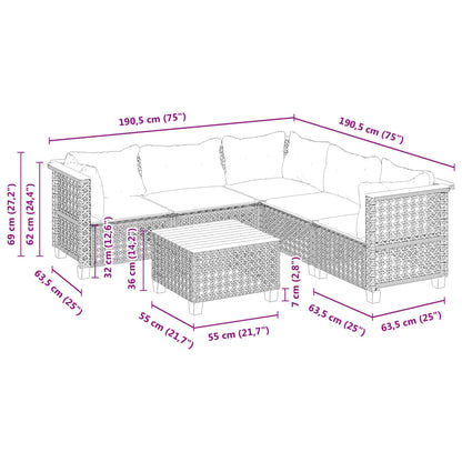 6-delige Loungeset met kussens poly rattan grijs