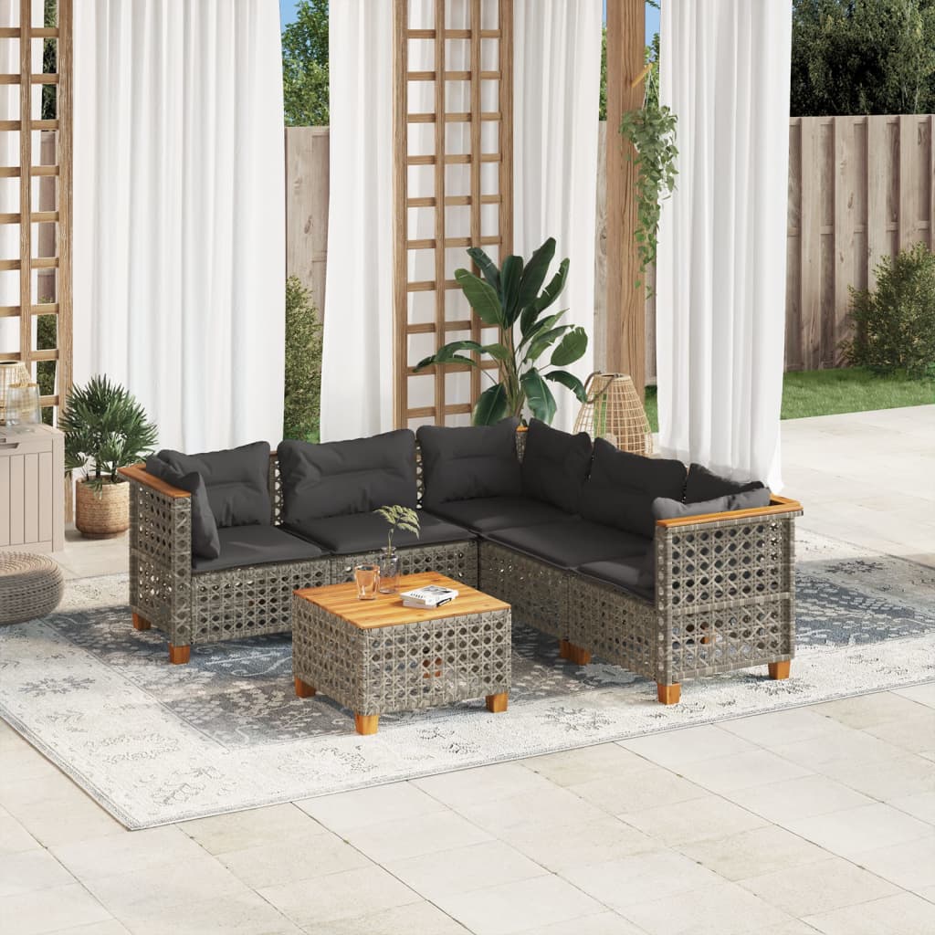 6-delige Loungeset met kussens poly rattan grijs