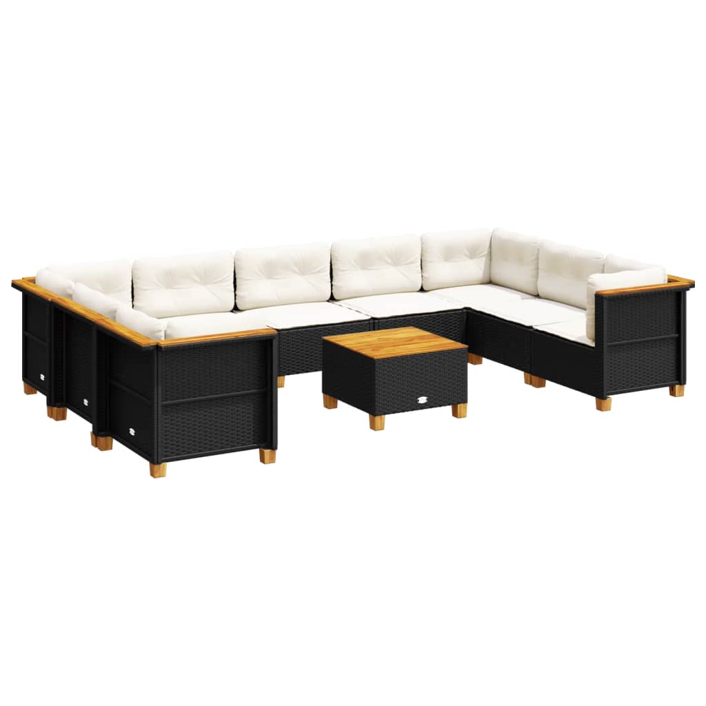 10-delige Loungeset met kussens poly rattan zwart