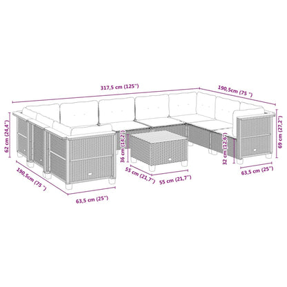 10-delige Loungeset met kussens poly rattan zwart