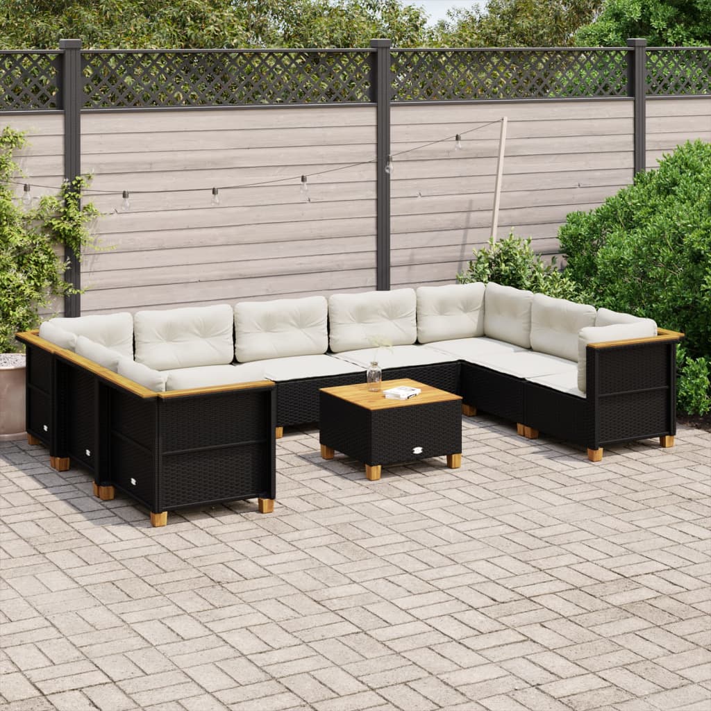 10-delige Loungeset met kussens poly rattan zwart