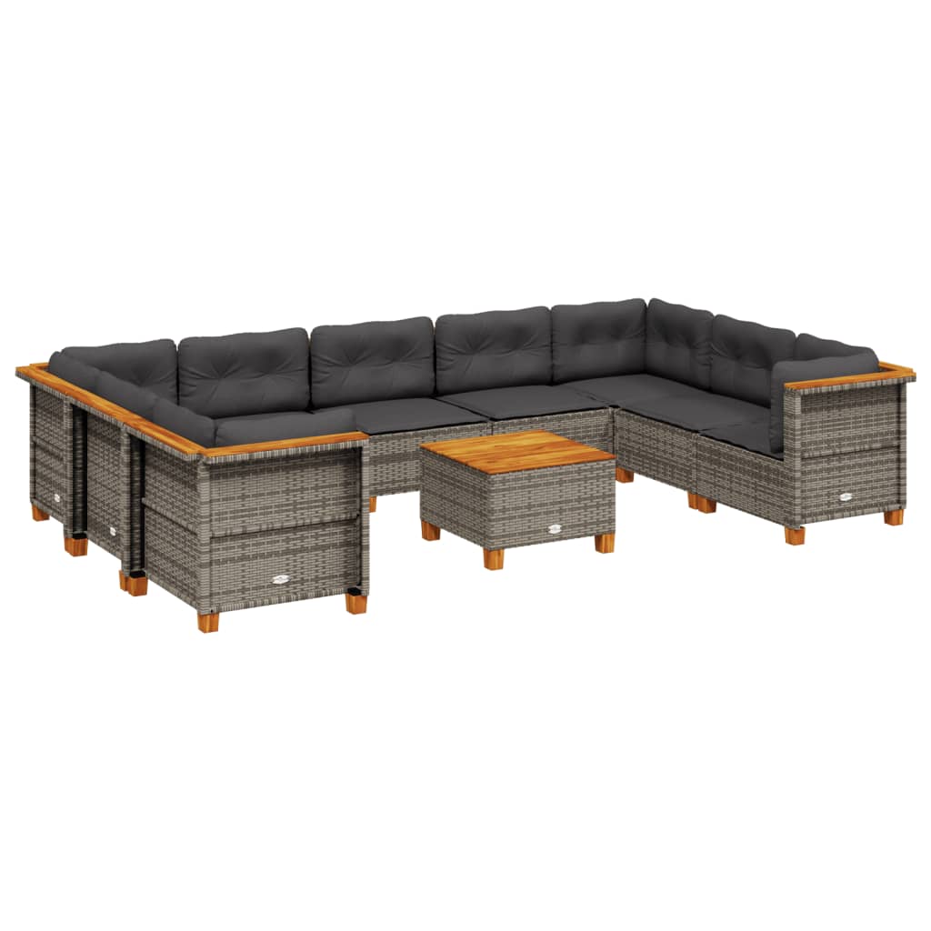 10-delige Loungeset met kussens poly rattan grijs