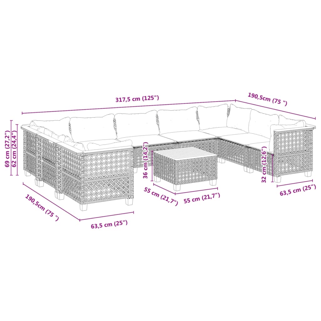 10-delige Loungeset met kussens poly rattan zwart