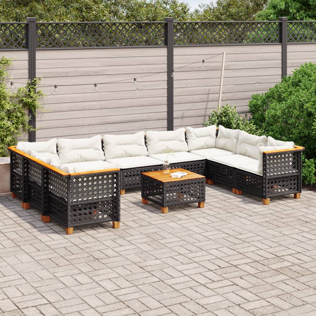 10-delige Loungeset met kussens poly rattan zwart