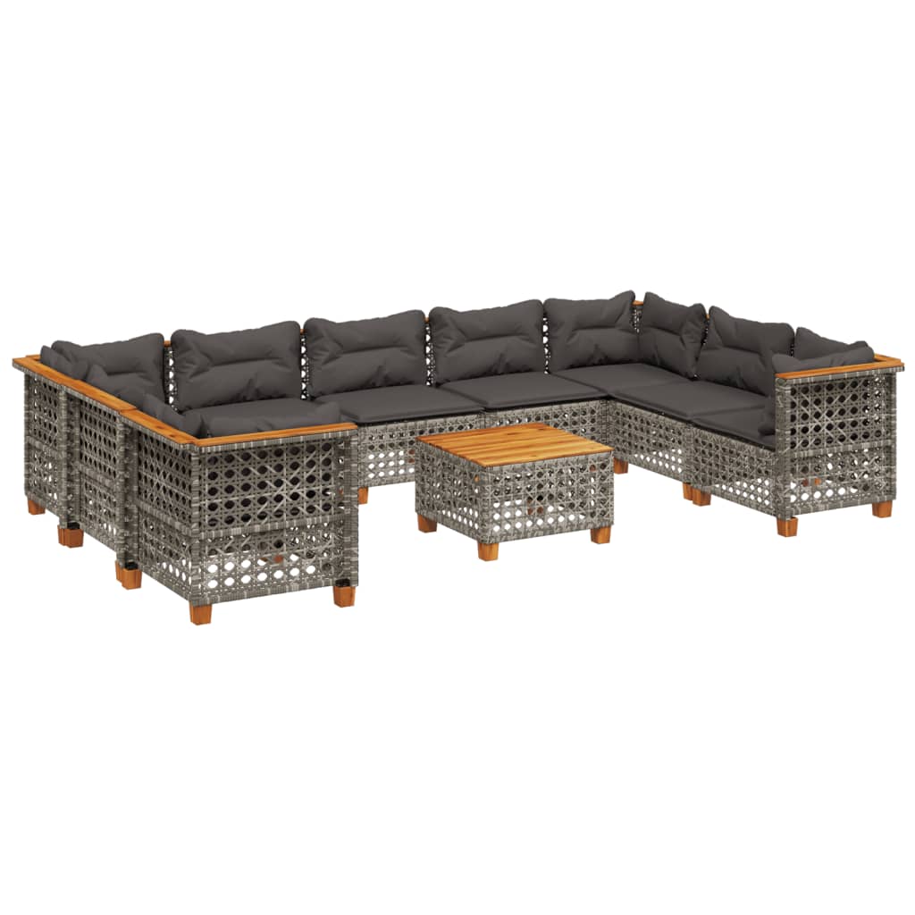 10-delige Loungeset met kussens poly rattan grijs